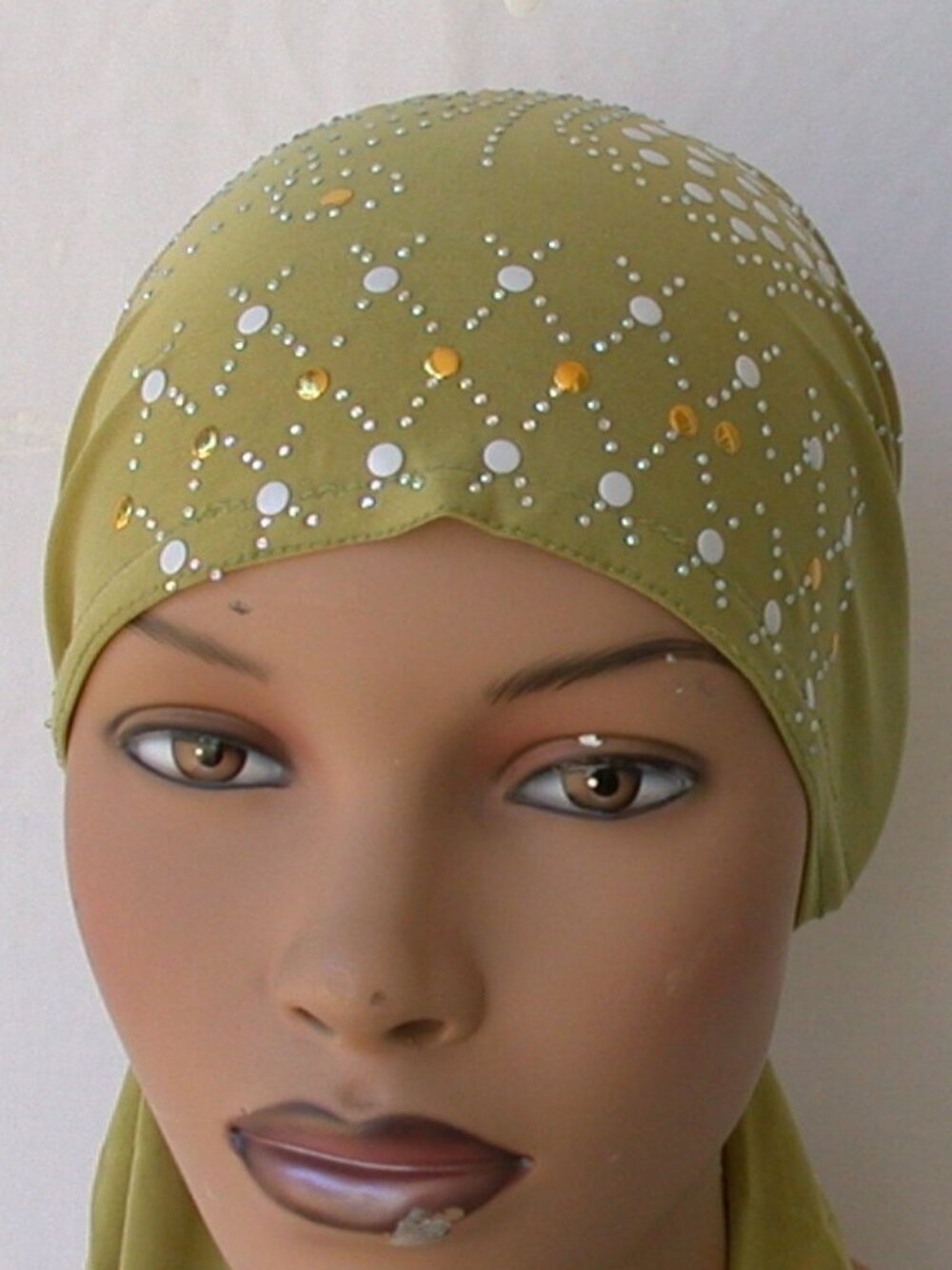 Avocado Green Stud Fancy Girl Chemo Cap Slip On Bonnet Hijab Undercap #1